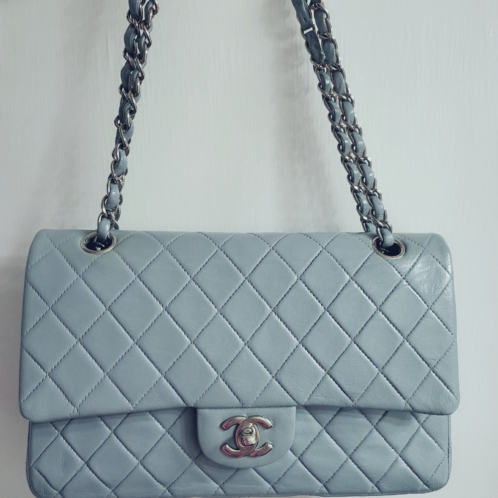 Authentic Chanel Medium classic double flap light blue lamskin
